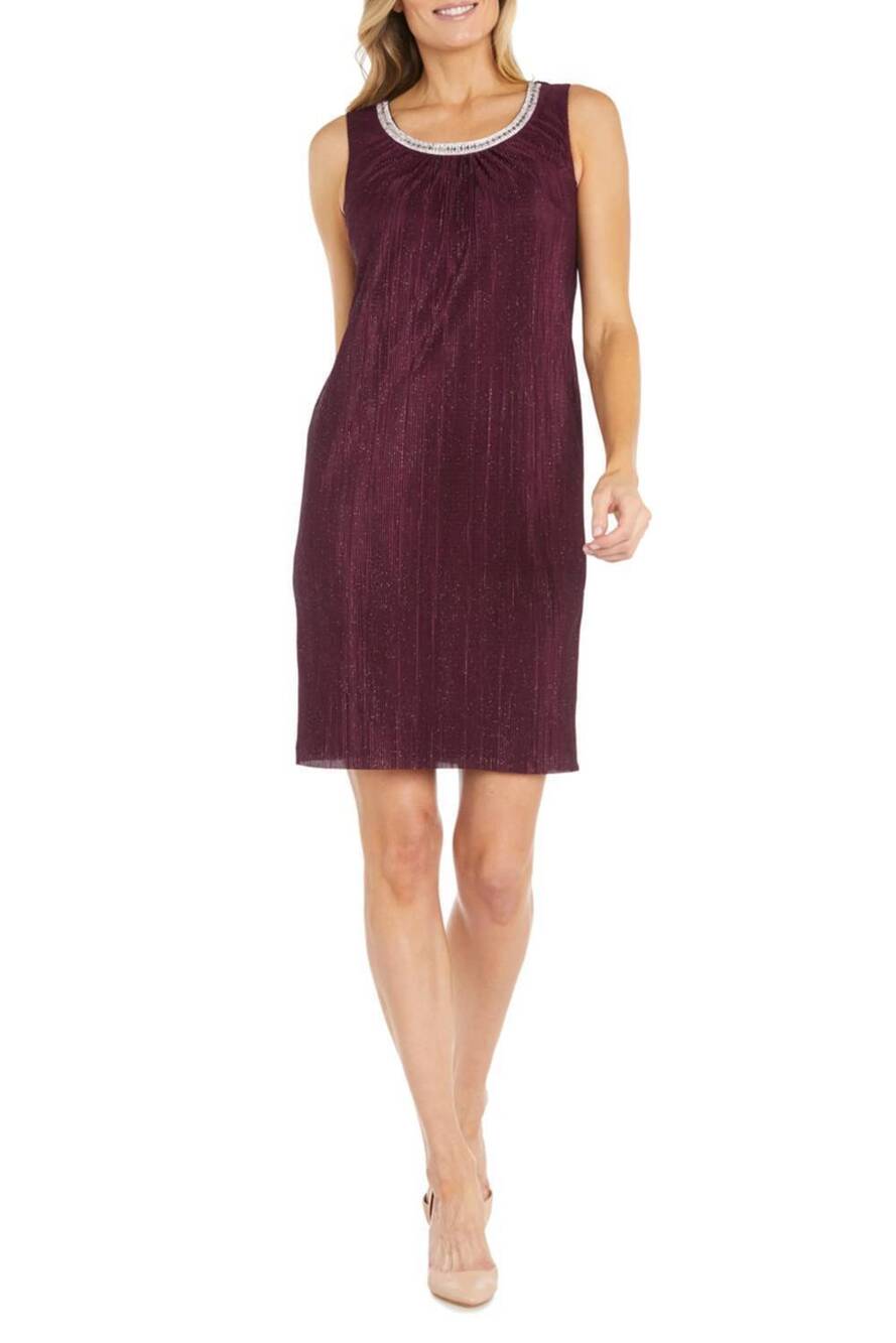 NEW R&M RICHARDS rhinestone neck metallic jacket dress in burgundy